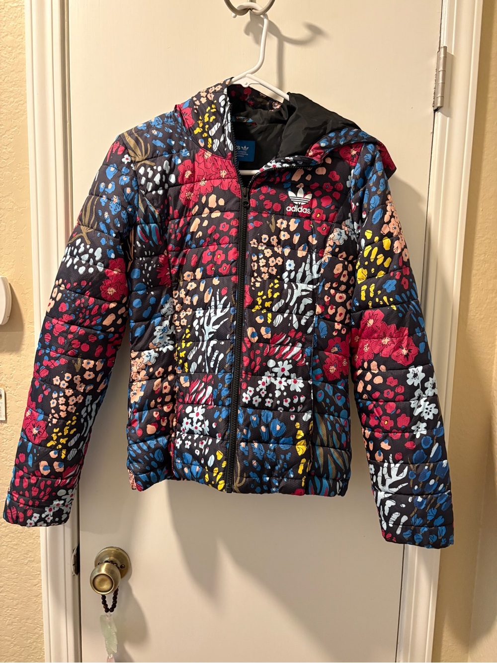 adidas Kids Black Multicolor Floral-Print Hooded Puffer Jacket